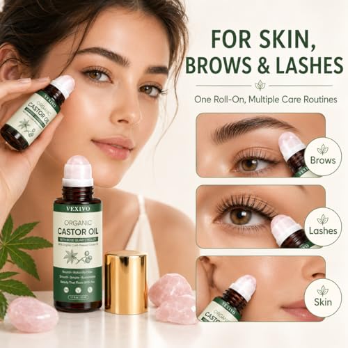 TOGOLIUN Organic Castor Oil Roll-On with Rose Quartz Roller Ball - Unscented, 1.7oz