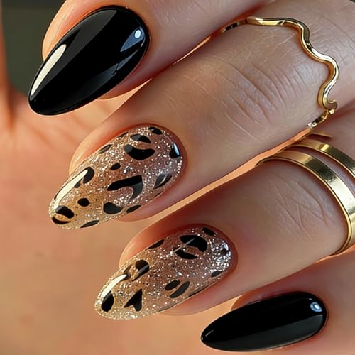 Press On Nails Medium Almond 24Pc French Leopard Glitter