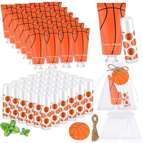 144 Pcs Basketball Lip Balm Hand Cream Set Party Favors, Include 36 Basketball Lip Balm 36 Moisturizing Hand Cream 36 Bags 36 Orange Gift Cards and Ropes for Man Women Accessories Gifts
