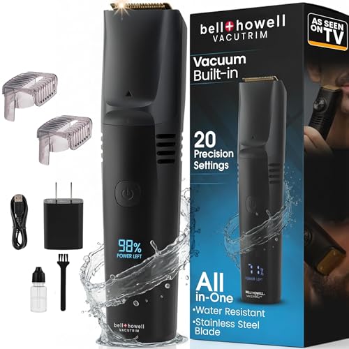 Bell+Howell Vacutrim Deluxe Cordless Mens Beard Trimmer, Rechargeable Electric Shaver with 20 Trim Setting and Built-in Vacuum for Mustache, Sideburns. Facial Hair, Black, 7.5", As Seen On TV