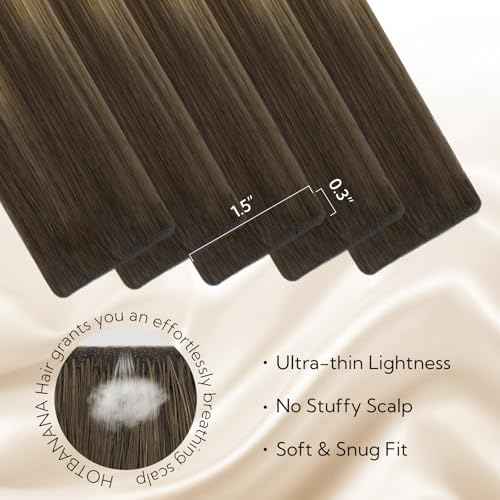 HOTBANANA Invisi Edge Tape in Hair Extensions Human Hair, 16inch 50g 10pcs Invisible & 10pcs Classic Chocolate Brown Mixed Caramel Blonde Balayage Seamless Tape in Hair Extensions Straight Injected