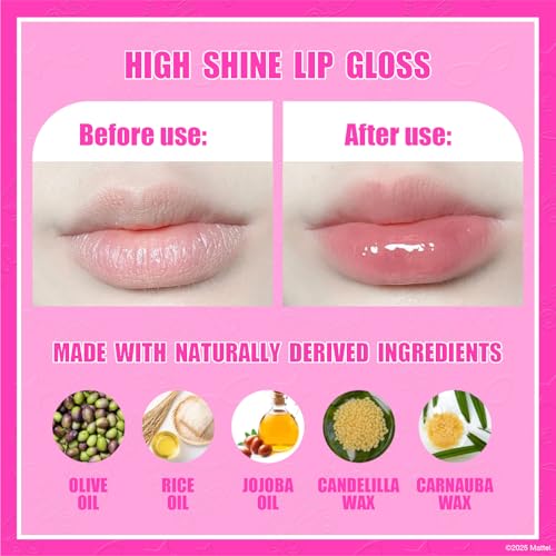 Barbie 7 Piece Plant Based Lip Gloss, Girls Party Favors, First Makeup Set for Girl, Perfect for Parties, Sleepovers, and Birthday Gifts, Ages 3+, by Townley Girl