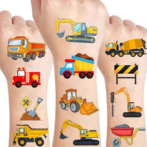 10 Sheets Construction Trucks Temporary Tattoo for Kids, 120 Pcs Vehicles Fake Tattoos for Boys Party Favors, Cars Birthday Supplies Decorations