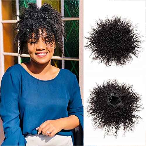 Curly Ponytail Extension Human Hair for Black Women Girls Invisible Kinky Curly Ponytails Afro Puff Drawstring Ponytail Afro Puffs 14 Inch #1B Natural Black