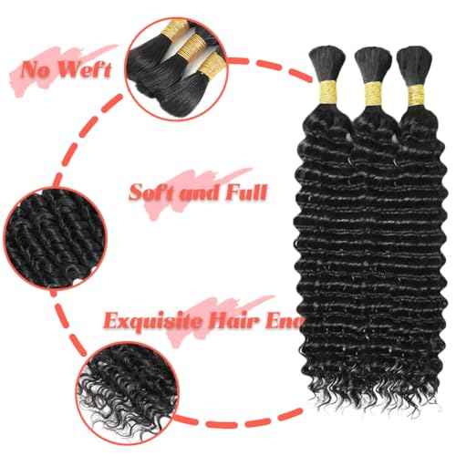 Human Braiding Hair 12A Deep Water Wave Bulk 150g 16 Inch Curly Human Hair for Boho Braids No Weft 3 Braids Per Pack Wet and Wavy Braiding Hair Natural Black