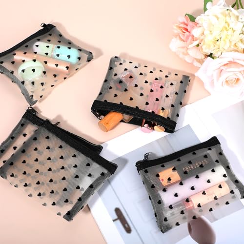 10pcs Mini Mesh Makeup Bags Zipper, Heart Print Cosmetic Bags 3D Heart-shaped Storage Pouch Small Nylon Organizer Purse Bag for Women Lipstick Travel Home Offices Toiletry(Beige)