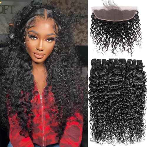 Human Hair Bundles Water Wave Bundles Human Hair With Frontal Closure (26 26 26+18£¬Free Part) 12A Curly 3 Bundle With 13x4 HD Lace Frontal With Baby Hair 1B# Curly Wave Human Hair Extensions