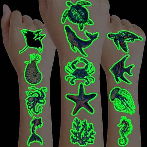 96 PCS Ocean Pre?Cut Luminous Temporary Tattoos Themed Birthday Party Decorations Favors Supplies D?cor Glow In The Dark Shark Sea Turtle Tattoo Stickers Gifts For Game Boys Girls (Glow in the Dark)