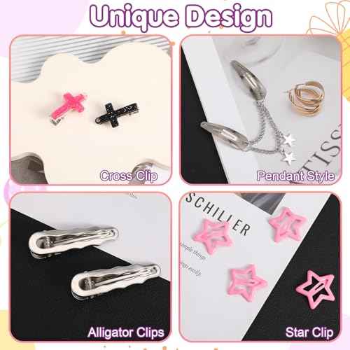 48 Pcs Y2k Hair Clips Set for Girls,Pink Kawaii Star Hair Clips 2000s Non Slip Accessories Styling Tools Retro Cross Love Pentagram Cool Hair Barrettes Kids Women