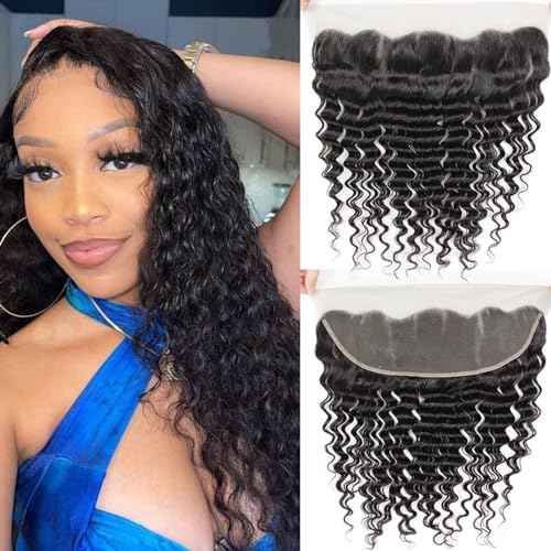 13x4 Lace Frontal Closure Deep Wave, 180% Density, 100% Brazilian Virgin Human Hair Ear to Ear HD Lace Frontal Pre Plucked Natural Black Color (13x4 Deep Wave, 20 Inch)
