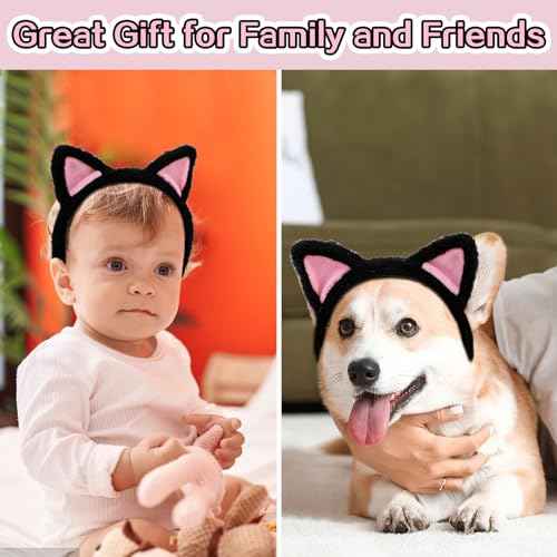 Cat Ears Headbands, Plush Soft Cute Washing Face Head band Fuzzy Kitten Makeup Hair Headbands for Mask Skincare Spa Yoga Halloween Parties Cosplay (Black)