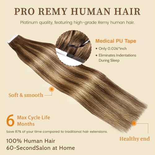 DNE Tape in Hair Extensions Real Human Hair 18 inches 20Pcs/50g/Pack Seamless Dark Brown to Chestnut Brown#T4-P4/27 Straight Invisible Double Sided Tape in Hair Extensions for Women/Girls