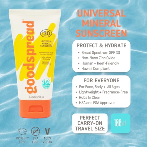 Goodspread Universal Mineral Sunscreen SPF 30 with Zinc Oxide | Reef Safe Hawaii Act 104 Compliant | Broad Spectrum Body + Face Lotion | Hydrating + Rubs in Clear | Vegan + Cruelty Free (3.4 fl. oz.)