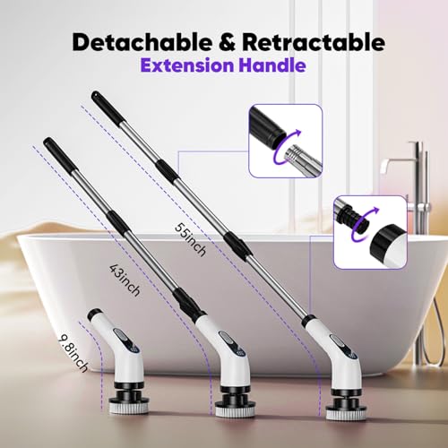 Electric Spin Scrubber Cordless ? Powerful Bathroom Cleaning Brush with Long Handle, 2 Speeds, 3000mAh Rechargeable, 7 Brush Heads, Wall Hanger & Crevice Tools ? Shower, Tub & Tile Cleaner
