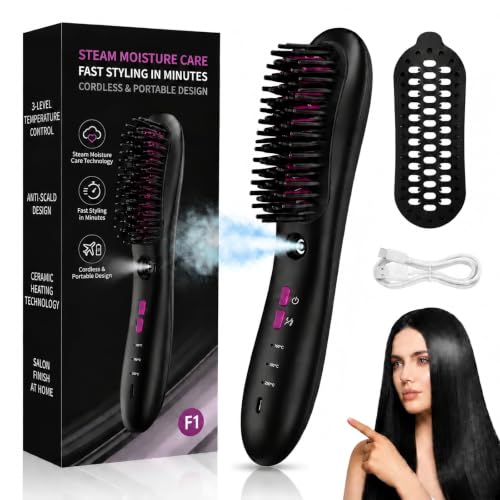 Cordless Hair Straightener Brush with Steam & 3 Temp Settings