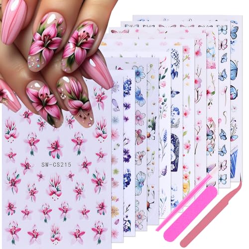 Flower Stickers for Nail Art Decals - 12 Sheets Spring Butterfly Nail Stickers with Tweezers 3D Floral Leaves Plant Nail Art Designs DIY Self Adhesive Daisy Blossom Nail Supplies Decorations