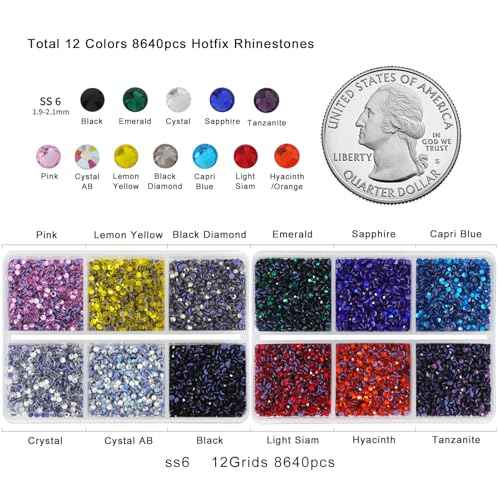 Hotfix Rhinestones Mixed 12 Colors, SS6 Rhinestones for Crafts Clothes, Hotfix Crystals with 1 Tweezers and 2 Wax Pencils