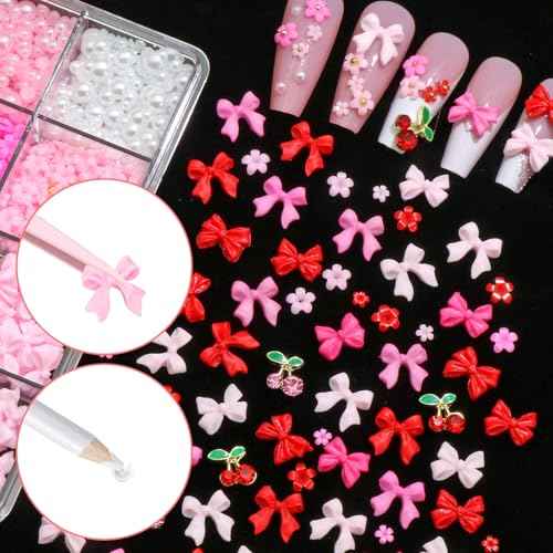BELICEY 3D Nail Charms Red Pink Bow Cherry Flower Charms for Nails Mix Size Flatback Nail Pearls Gold Caviar Beads Nail Gems Rhinestones with Tweezer Picker Pen for Manicure DIY Nail Art Design Crafts