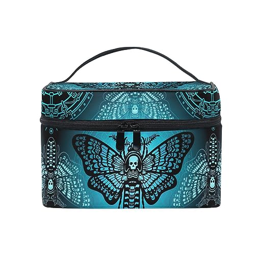 Makeup Bags, Gothic Blue Skull Moth Butterfly Makeup Organizer Bags Toiletry Bag Box Travel Cosmetic Bag Make Up Train Case for Women Teen Girl Ladies