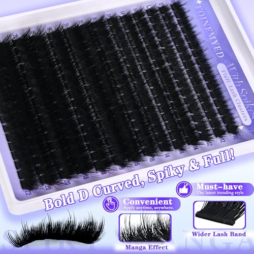 Lash Clusters with Spikes 300D Manga Volume Lash Clusters Evil Look Eyelash Clusters 10-22MM Thick Eyelash Extensions D-Curly Individual Lash Extensions DIY at Home by FOINEMYED