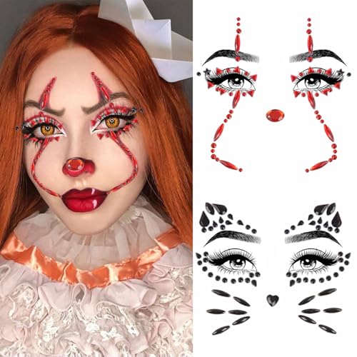 2 Pcs Clown & Cat Face Gem Stickers Rhinestone Makeup