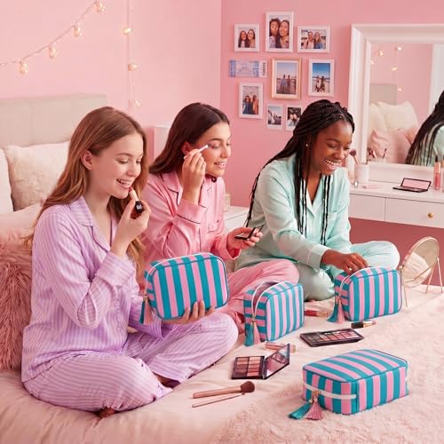 Kacctyen 6 Pack Striped Makeup Bag Tassel,Blue and Pink
