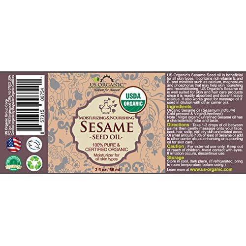 US Organic Sesame Seed Oil, Certified Organic, Untoasted, Unrefined Virgin, Pure & Natural, Cold Pressed, in Amber Glass Bottle w/Glass Eyedropper, Sourced from Mexico (2 oz (Small))