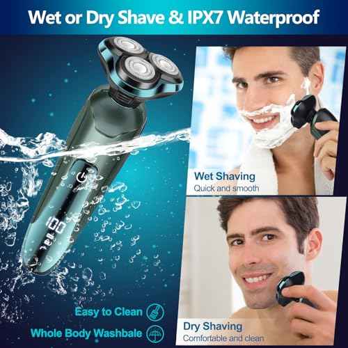Electric Razor for Men, Electric Shavers for Men's Faces, Detachable Blade 3D Rotary for Shaving with Nose Trimmer Face Cleaning Brush Head Shavers, Wet/Dry/Waterproof Razors for Men Matte Green