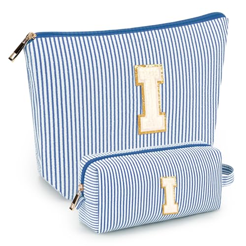2 PCS Initial Makeup Bags for Women: Cosmetic Bag for Travel Toiletry - Birthday Gifts for 11 12 13 14 15 16 17 18 Years Old Girl Graduation Teacher Gift- Teen Girl Gifts Trendy Stuff - Blue I