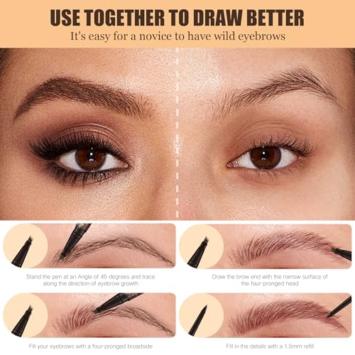 Microblading Eyebrow Pen, 2-in-1 Dual-Ended Magical Waterproof Eyebrow Pencil with 4-Prong Micro-Fork-Tip Applicator, Brow Pen for Women Creates Natural Looking Brows Effortlessly (Dark Brown)