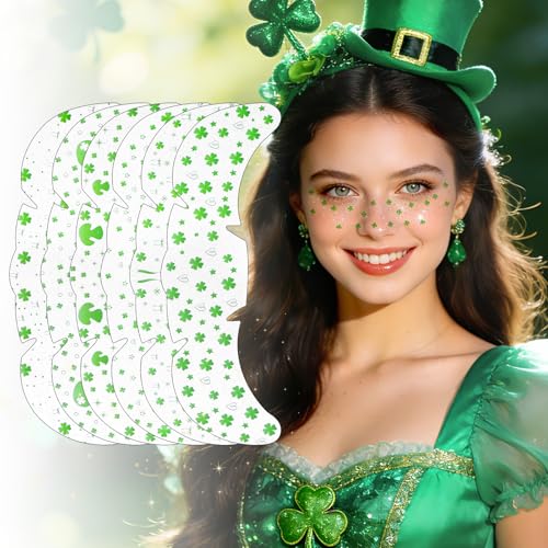 St Patrick's Day Green Glitter Face Tattoos (6 Stickers)