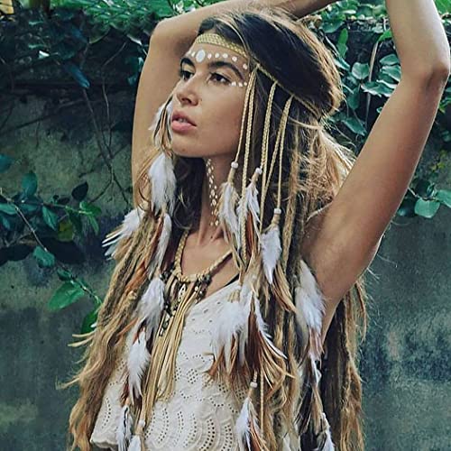 CAKURE Boho Feather Headband Hippie Feather Headpiece Bohemian Gyspy Costume Headwear Indian Tassel Peacock HeadpiecesFeather Hair Accessories for Women and Girls