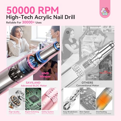 SAVILAND Cordless Electric Nail Drill Machine 50000RPM for Acrylic Nails - Red Pink