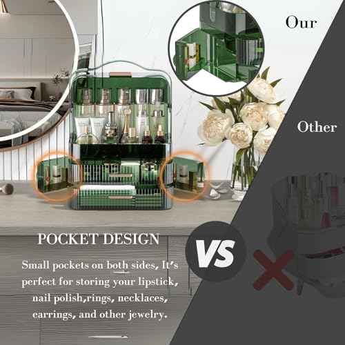 LINFIDITE Cosmetics Storage Box Transparent Lid Large Makeup Organizer Box Drawers Portable Handle Waterproof Dustproof Skincare Display Cases for Countertop, Bathroom, Dresser,Gift Clear Green