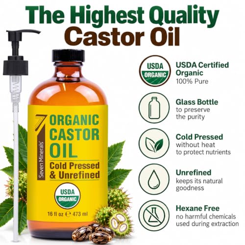 Seven Minerals USDA Organic Castor Oil 16 oz Glass Bottle with Pump – Cold Pressed, Hexane Free