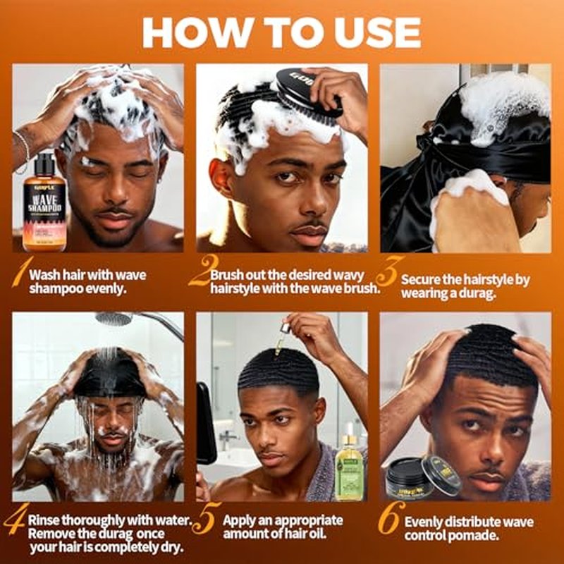 360 Wave Kit for Men - 3 Brushes, Durags, Pomade & Oil