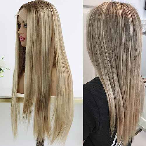 Highlight Honey Blonde Lace Front Wigs for Women Middle Part Glueless Long Straight Ombre Brown Mixed Blonde Synthetic Lace Front Wig for White Women 150 Density 24 Inches