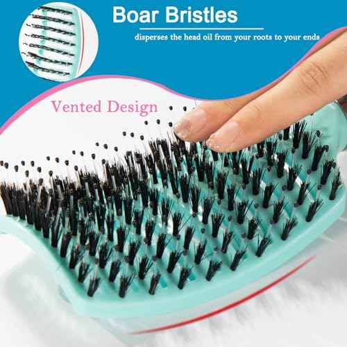 Boar Bristle Hair Brush Set - Dry/Wet Detangler for Fine, Thick, Curly Hair - Curved and Vented Brush for Women, Men or Kids (Purple & Green)