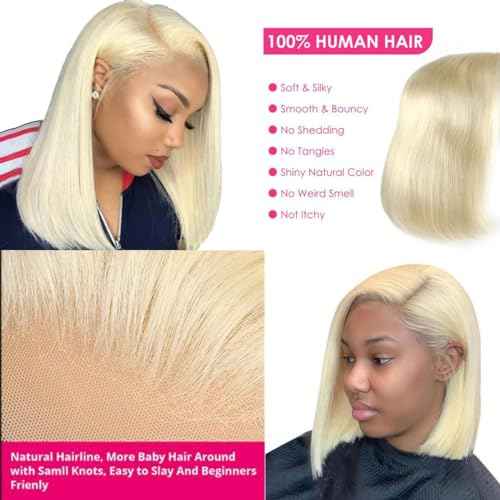 Blonde Bob Wig Human Hair Straight 613 Bob Wig Human Hair 12 Inch 180 Density 613 Blonde Suitable for All Hair Types 13x4 HD Transparent Lace Wigs for Women Glueless Wigs with Baby Hair