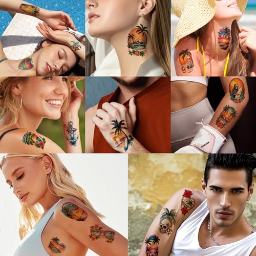 48 Sheets Holiday Ocean Temporary Tattoo for Men Women, 8 Full Arm Flower Skull Sunset Fake Tattoos, 10 Half Arm Beach Turtle Fake Tattoos, 30 Tiny Body Stickers Adult Kid Realistic