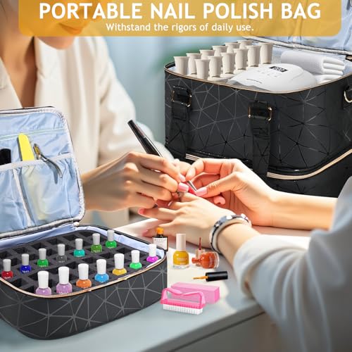 Large Nail Polish Organizer Bag Holds 84 Bottles Nail Polish and a Nail Lamp, PU Leather Nail Kit Storage Carrying Case, Removable Portable Travel Nail Art Tool Storage