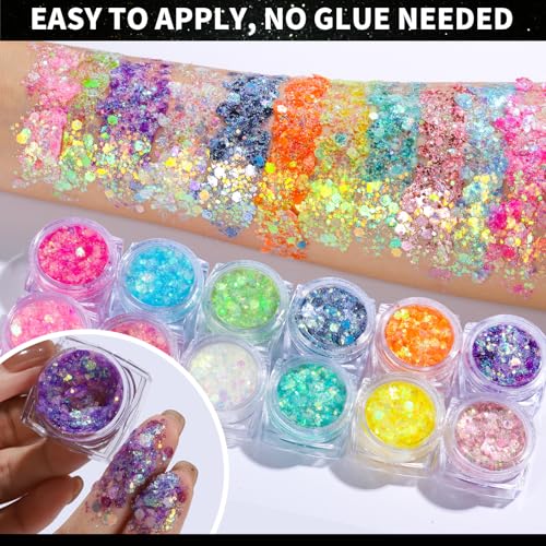 Teenitor Glow in The Dark Glitter Gel - 12 Colors UV Body Glitter