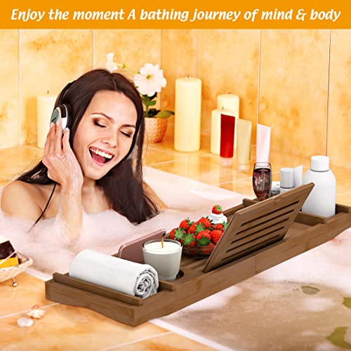 Bamboo Expandable Bath Tray with Book Holder & Wine Glass Holder