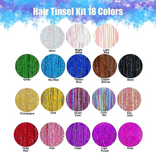 Hair Tinsel Kit 18 Colors 7200 Strands Heat Resistant