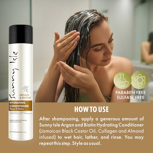 Sunny Isle Argan and Biotin Hydrating Conditioner - Collagen, Almond, Jamaican Black Castor Oil - 10.1 oz