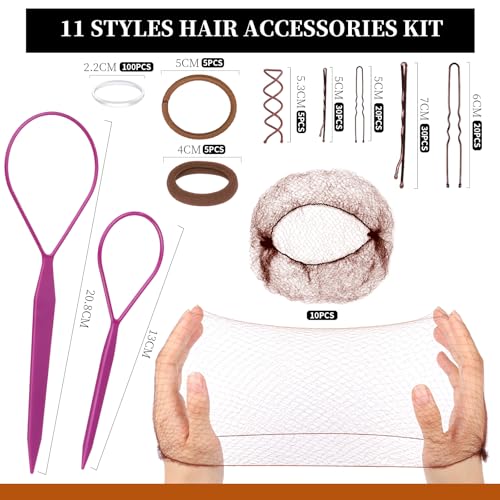 Brown Bobby Pins Hair Kit 11 Styles with Hair Nets & Spiral Pins