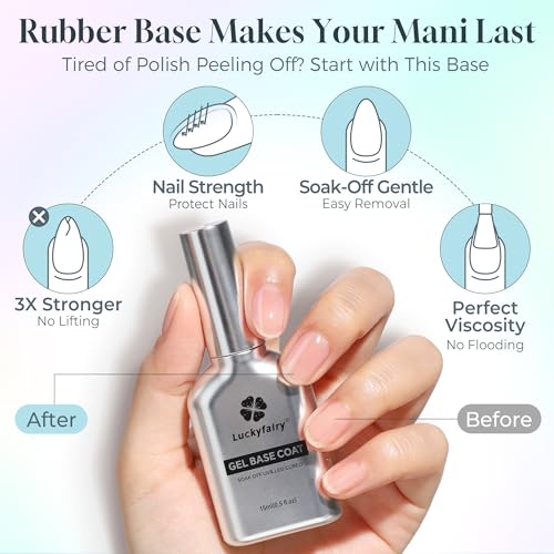 Luckyfairy No Wipe Gel Top Coat & Rubber Base Coat Set 15ml - Long Lasting Nail Polish