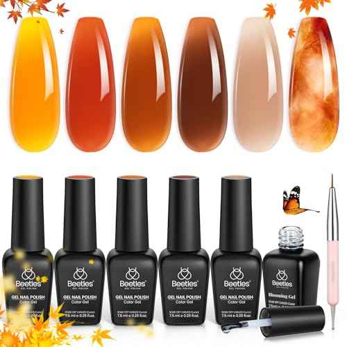 Beetles Fall Gel Nail Polish Set ? Amber Chic Jelly Gel Polish with Blooming Gel for Marble Effects, 6 Colors Yellow Red Brown Gray Translucent Soak Off UV LED Autumn Nail Art