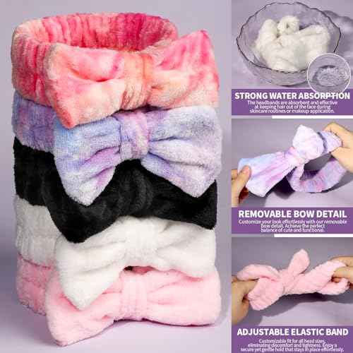 Teenitor Spa headband, Makeup Headband Set, Soft Fuzzy Bow Hair Bands for Washing Face, Facial Skincare Headbands for Teen Girls, Fluffy Hair Bands for Women