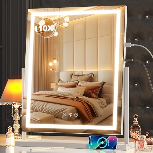 White 17x22 Inch Large Vanity Mirror with Lights - Dimmable LED & 10X Magnification